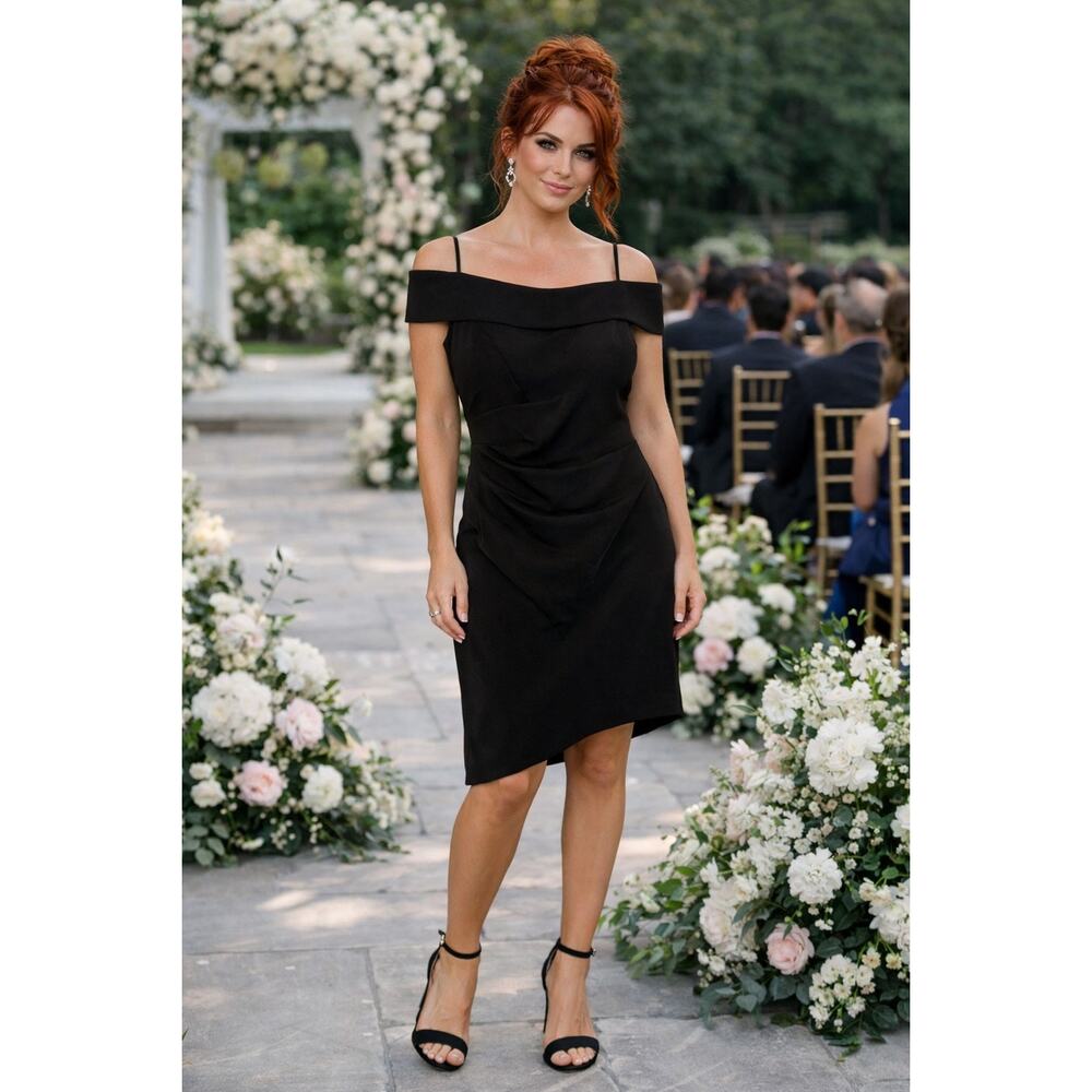 Milly Ally Off Shoulder Black Ruched Asymmetrical Midi Dress Size 2 NWT Wedding